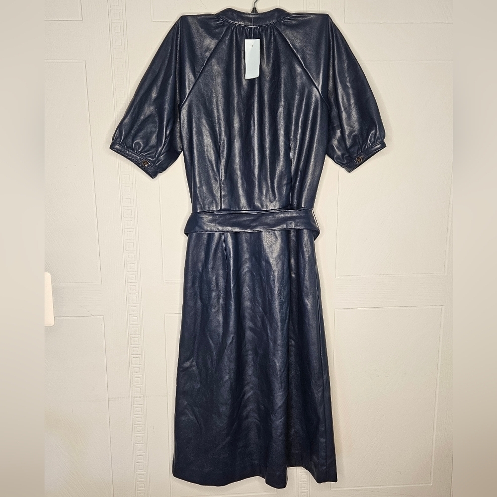 Ann Taylor Faux Leather Navy Shirt Dress Short Sleeve Midi Sz 0 Petite NWT - Picture 3 of 13